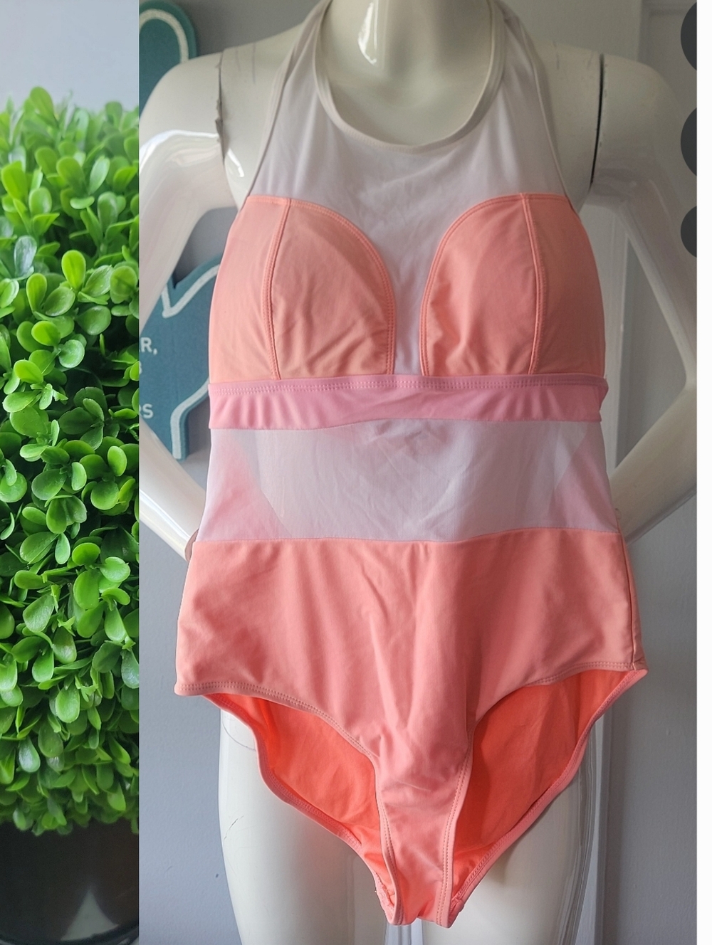 YMI Peach One-Piece Swimsuit with Pink Logo Tag